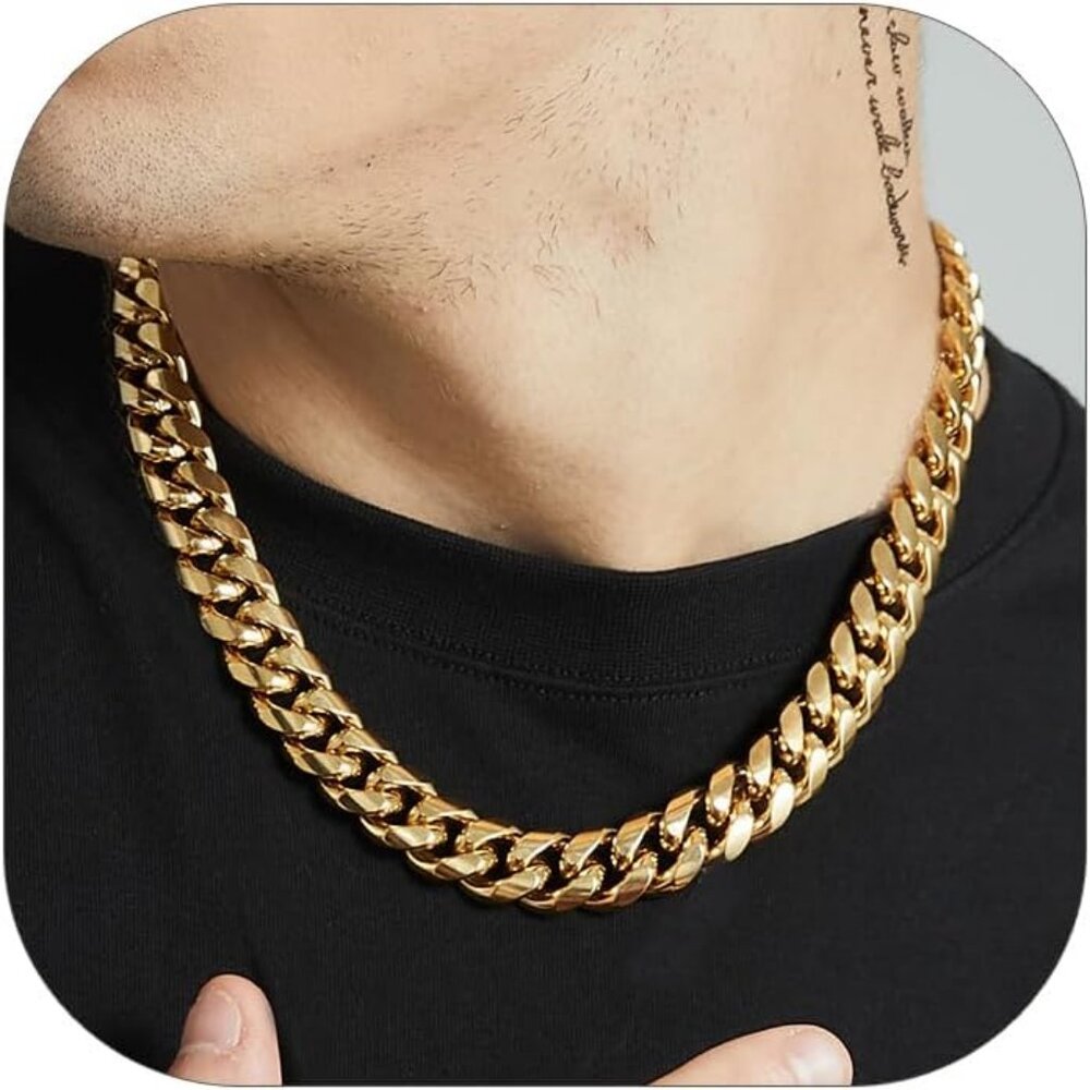 Men's Gold 14mm Miami Cuban Stainless Steel 14K Gold Plated Curb Chain Necklace